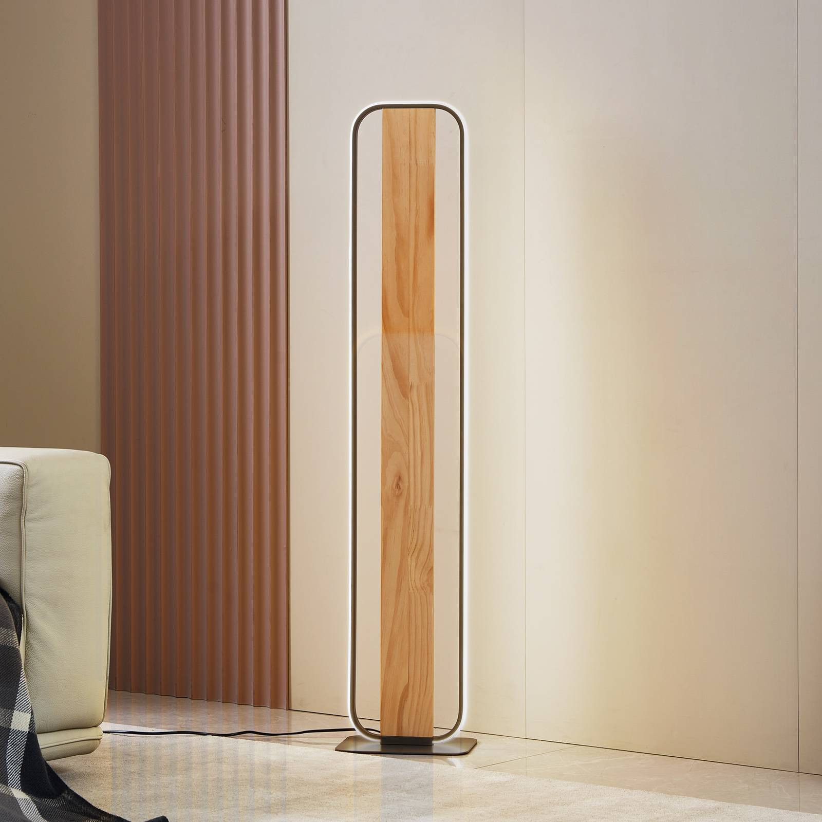 LED stojacia lampa Lindby Romilda, sivá, drevo, výška 122 cm