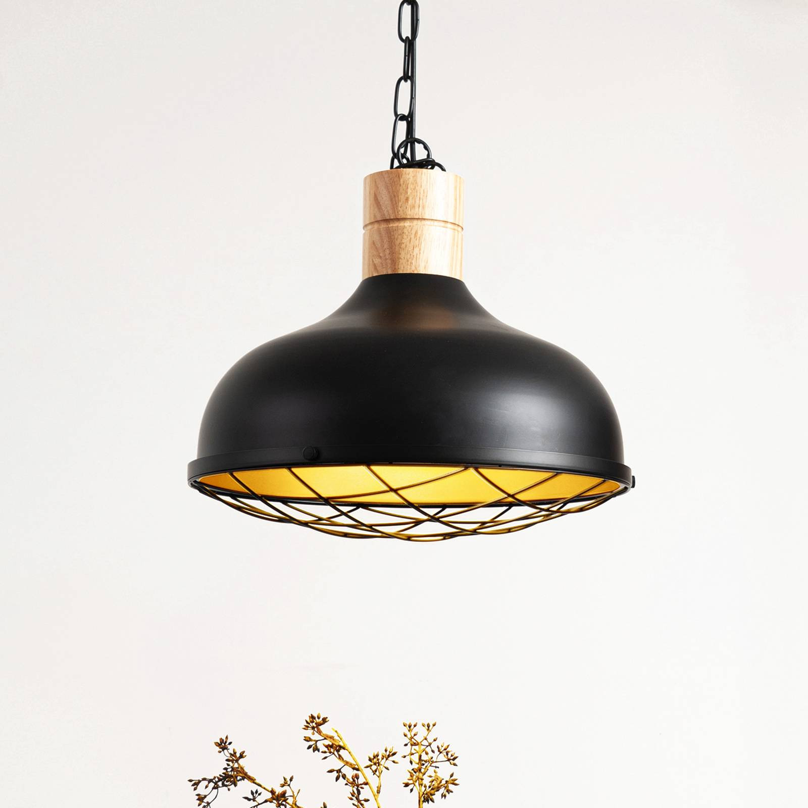 Závesné svietidlo Lindby Olbi, čierne, gumový stromček, dĺžka 41,5 cm