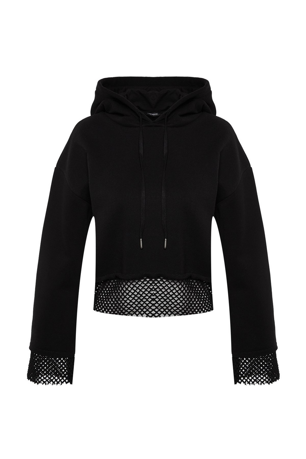 Trendyol Black Thick Inner Fleece Mesh Detailed Hooded Comfort Fit Crop Knitted Sweatshirt