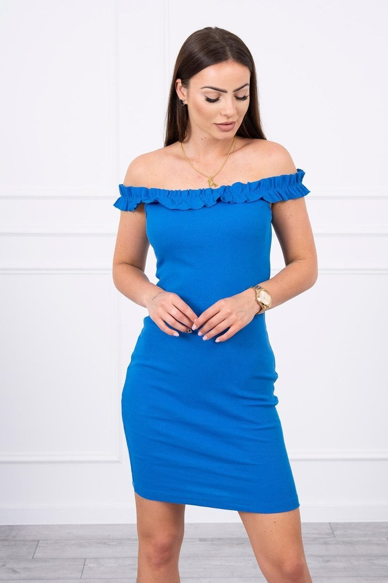 Shoulder dress with pleats and blue
