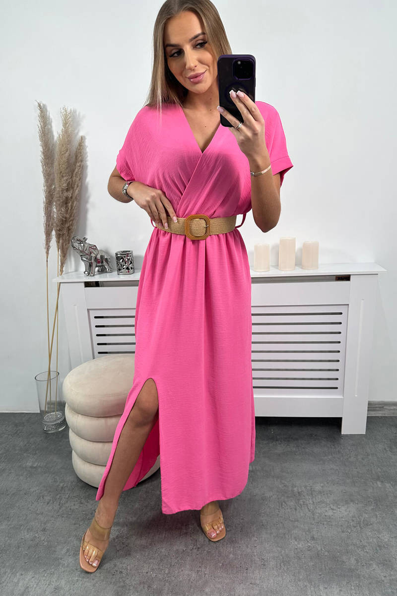 Long dress with a decorative belt in light pink color