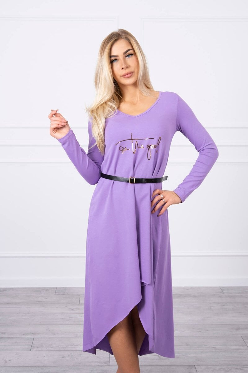 Dress with decorative belt and inscription purple