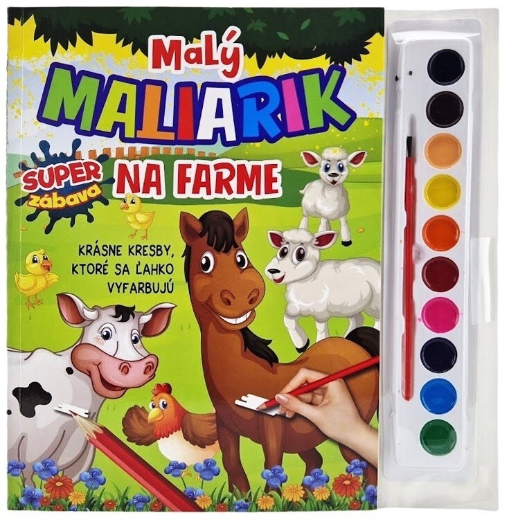 Malý maliarik - Na farme. Omaľovánka so štetcom a farbami.