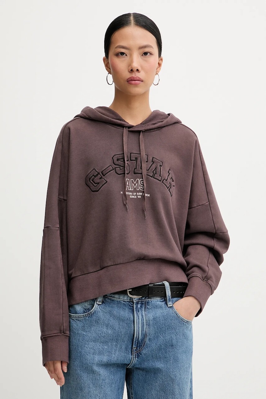 Bavlnená mikina G-Star hnedá farba, s kapucňou, s nášivkou, D27266-D969