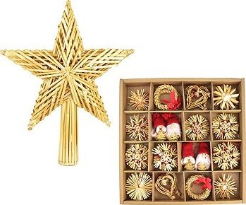 DOMMIO Slamená špička hviezda 25 × 30 cm a súprava 56 ks slamených ozdôb so škriatkami