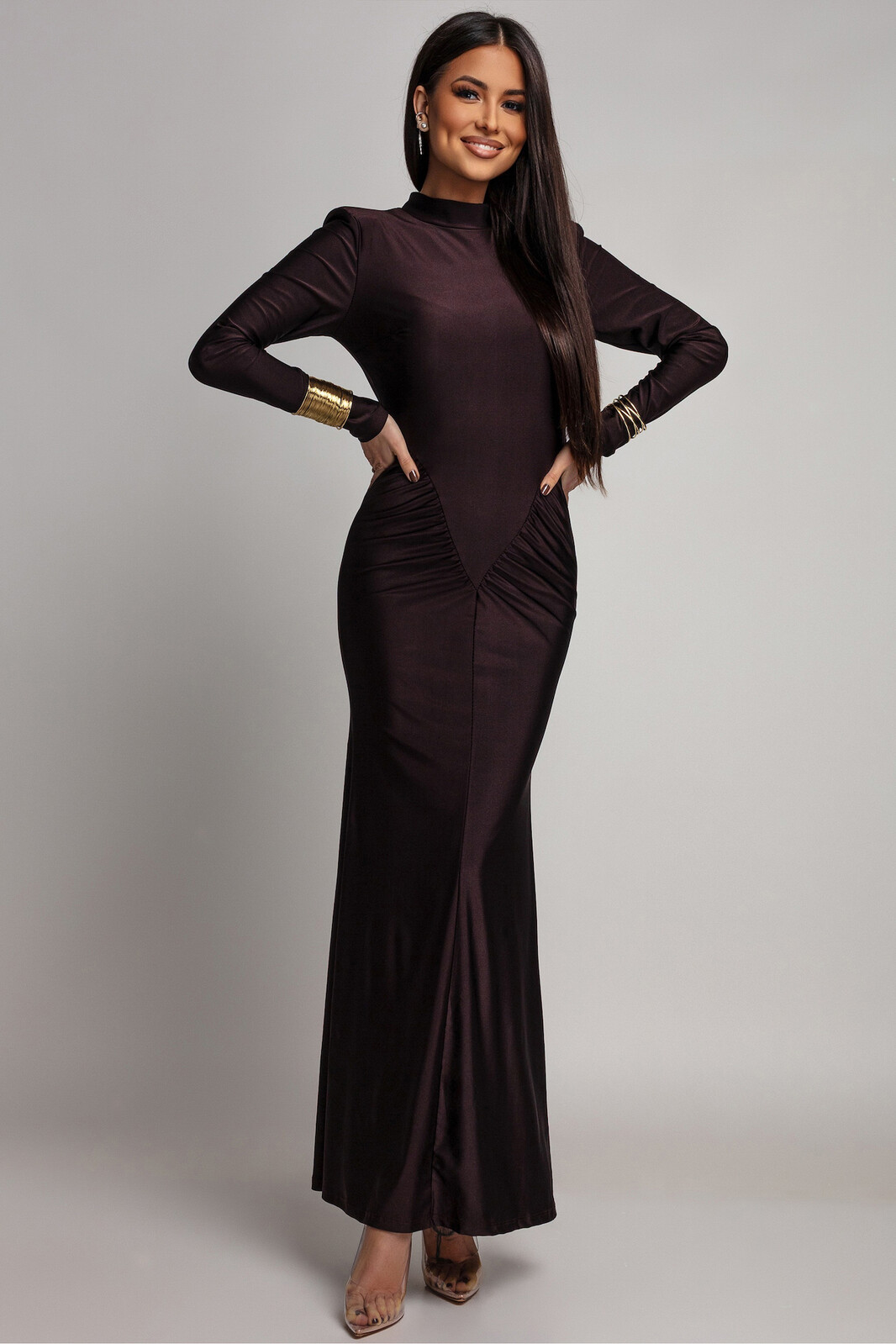 Azzurra Hnedé priliehavé šaty s riasením Veľkosť: UNI