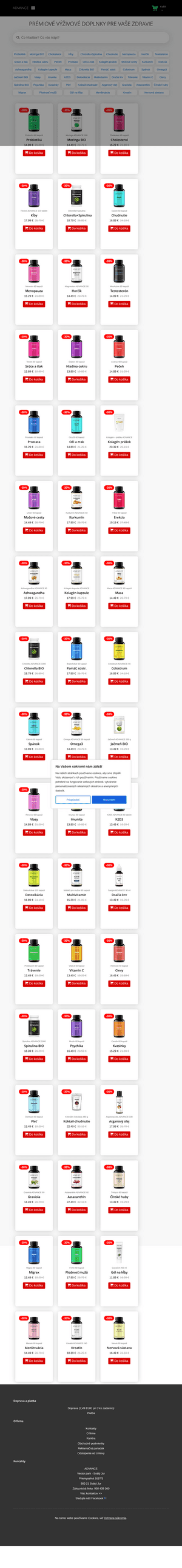 Vzhľad internetovej stránky obchodu ADVANCE nutraceutics