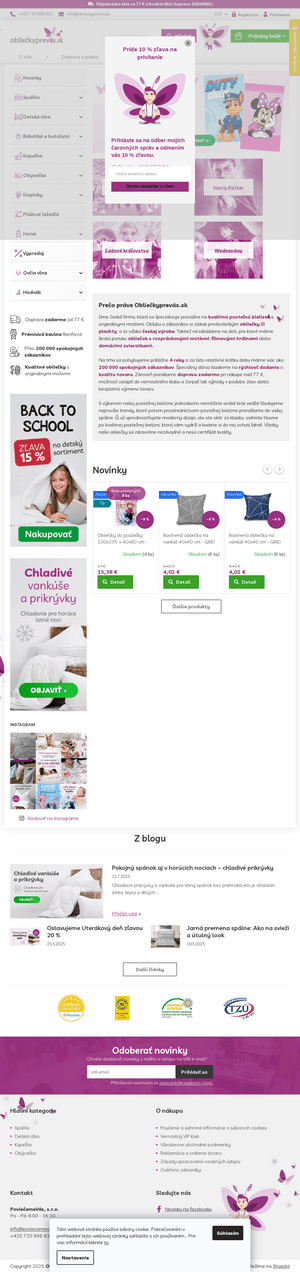 Vzhľad internetovej stránky obchodu Obliečkyprevás.sk