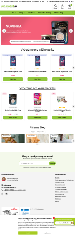 Vzhľad internetovej stránky obchodu Pet-market.sk